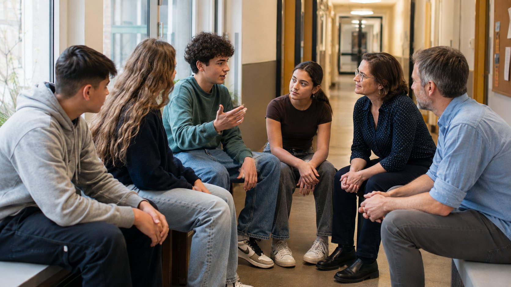 Schüler:innen und Erwachsene sitzen am Schulgang zusammen und sprechen auf Augenhöhe miteinander